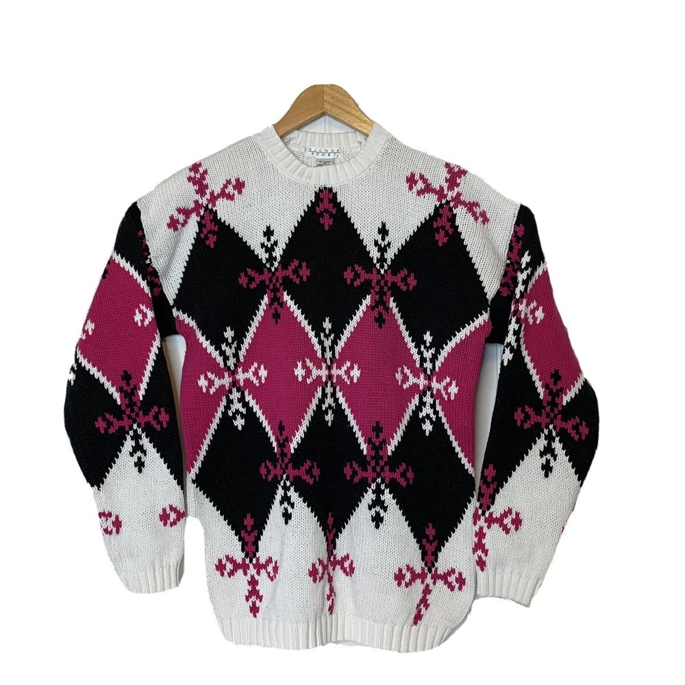 Picone Sport Womens Crew Neck Sweater Size M White Pink Black Argyle Cotton VTG